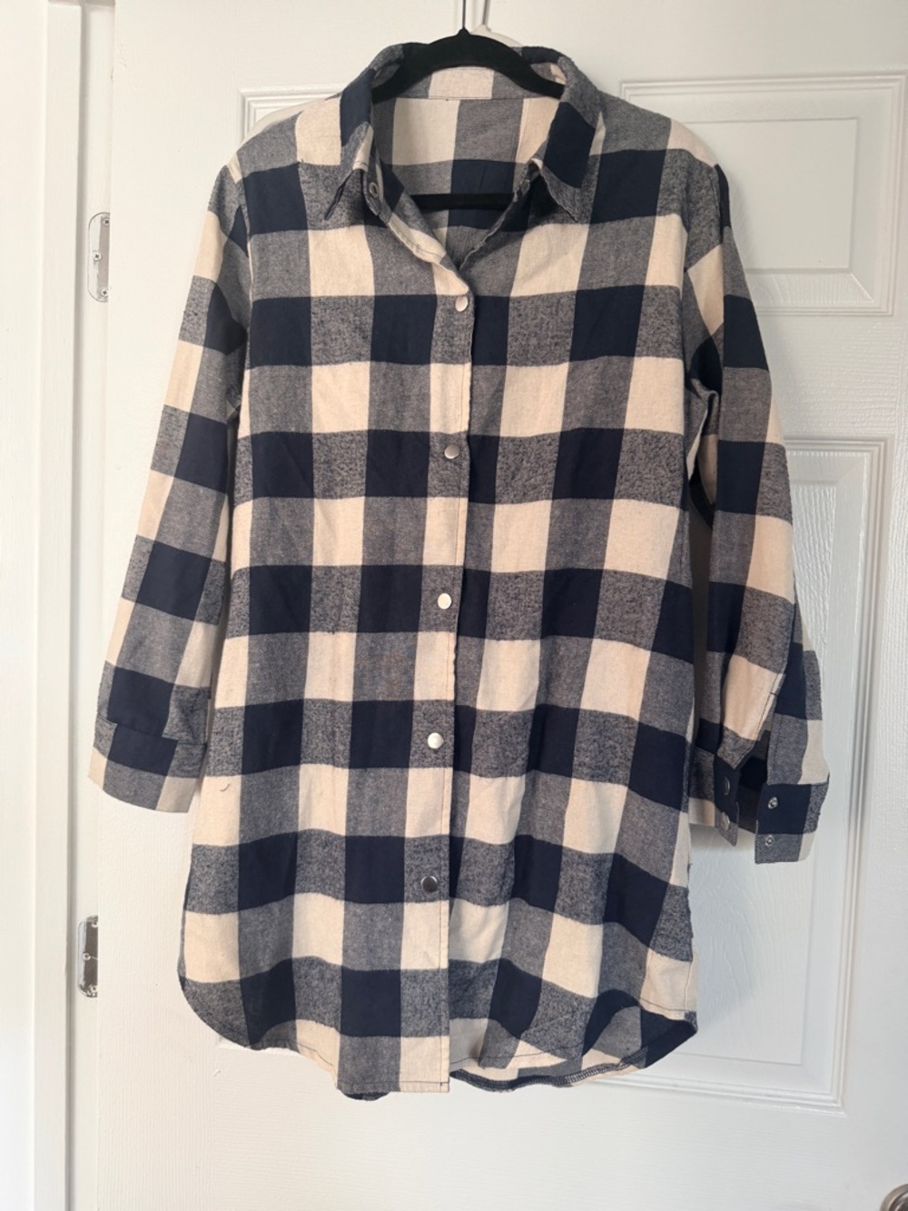 Navy and Cream Buffalo Check Button-Up flannel dress